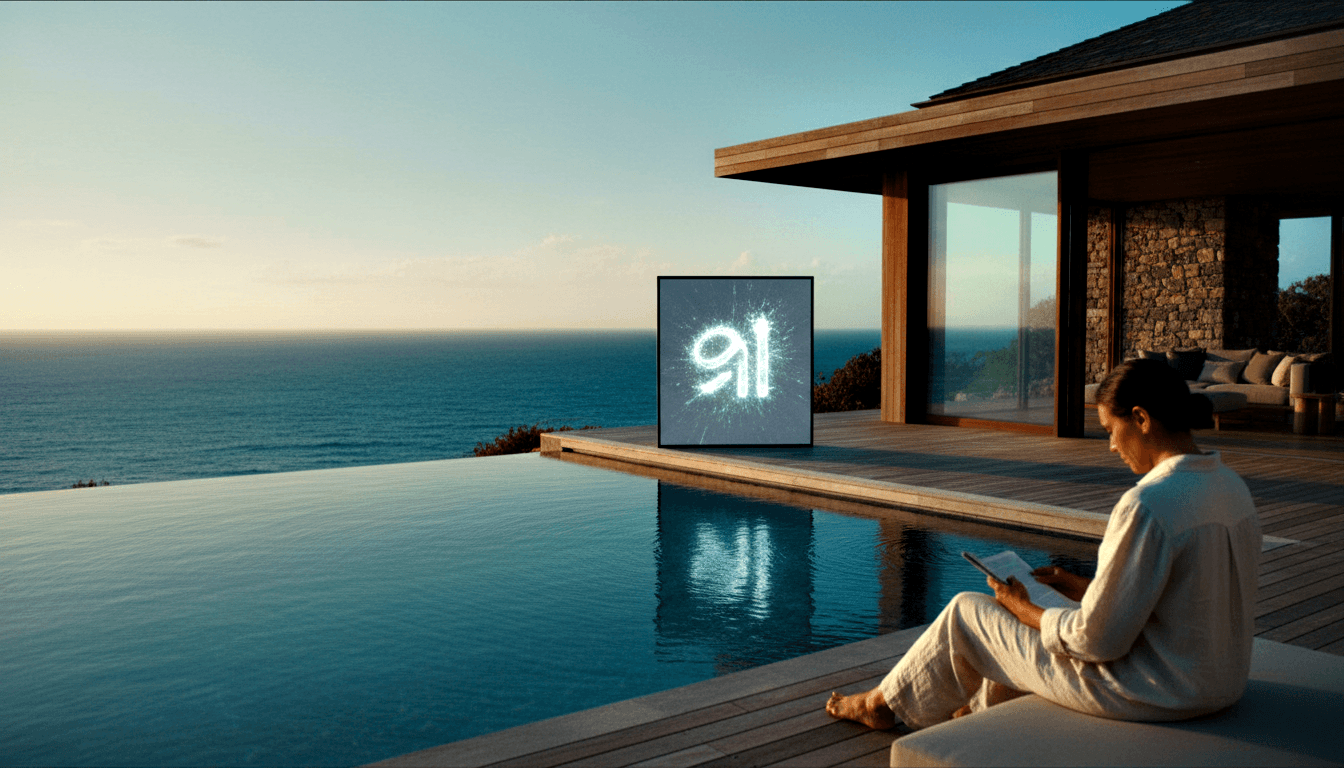 Person in white sits on deck by infinity pool merging with ocean; dark panel with '91' in white brushstroke floats centrally.