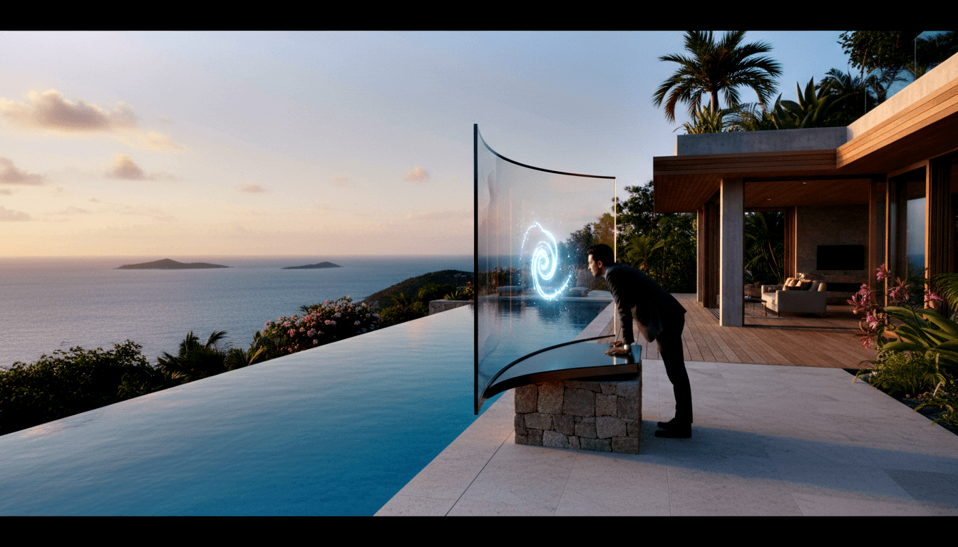 Dark-suited man interacts with glowing cyan spiral holographic display on stone pedestal beside teal infinity pool at sunset.