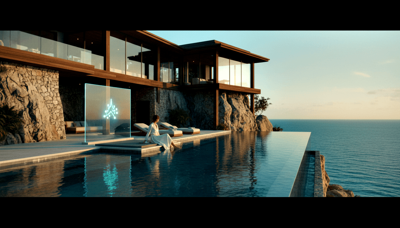Cliffside multi-story villa with stone walls and wood beam overhangs beside an infinity pool merging with calm ocean at golden hour.