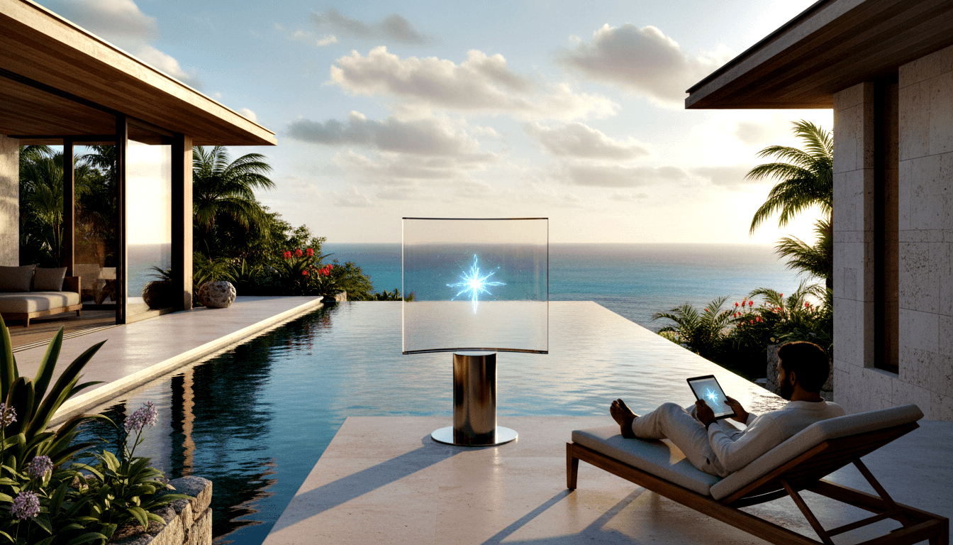 CGI terrace with infinity pool merging with ocean; glass screen showing blue crystalline burst; man reclining with matching tablet.