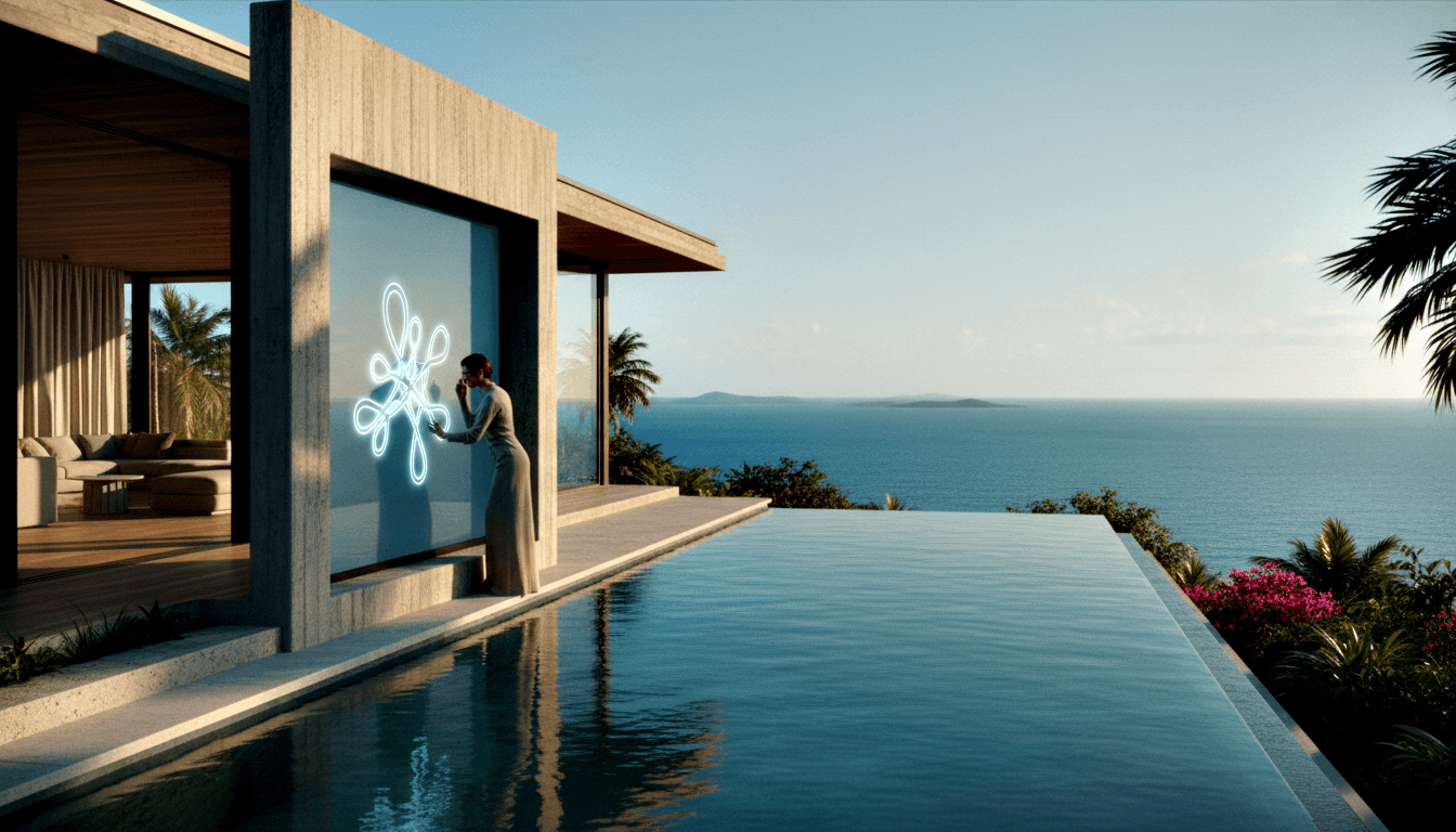 Adult in gray-taupe dress touches a glowing blue-white snowflake symbol on a glass panel beside an infinity-edge pool overlooking the ocean.
