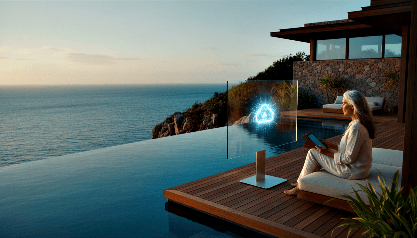 Silver-haired woman in cream linen sits cross-legged by an infinity pool at dusk, holding a tablet facing a glowing cyan holographic panel.