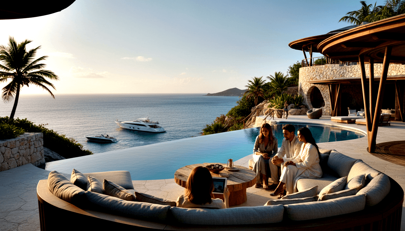 Four people in resort attire on curved grey sectional sofa, terrace with infinity pool merging into calm ocean, palm trees.