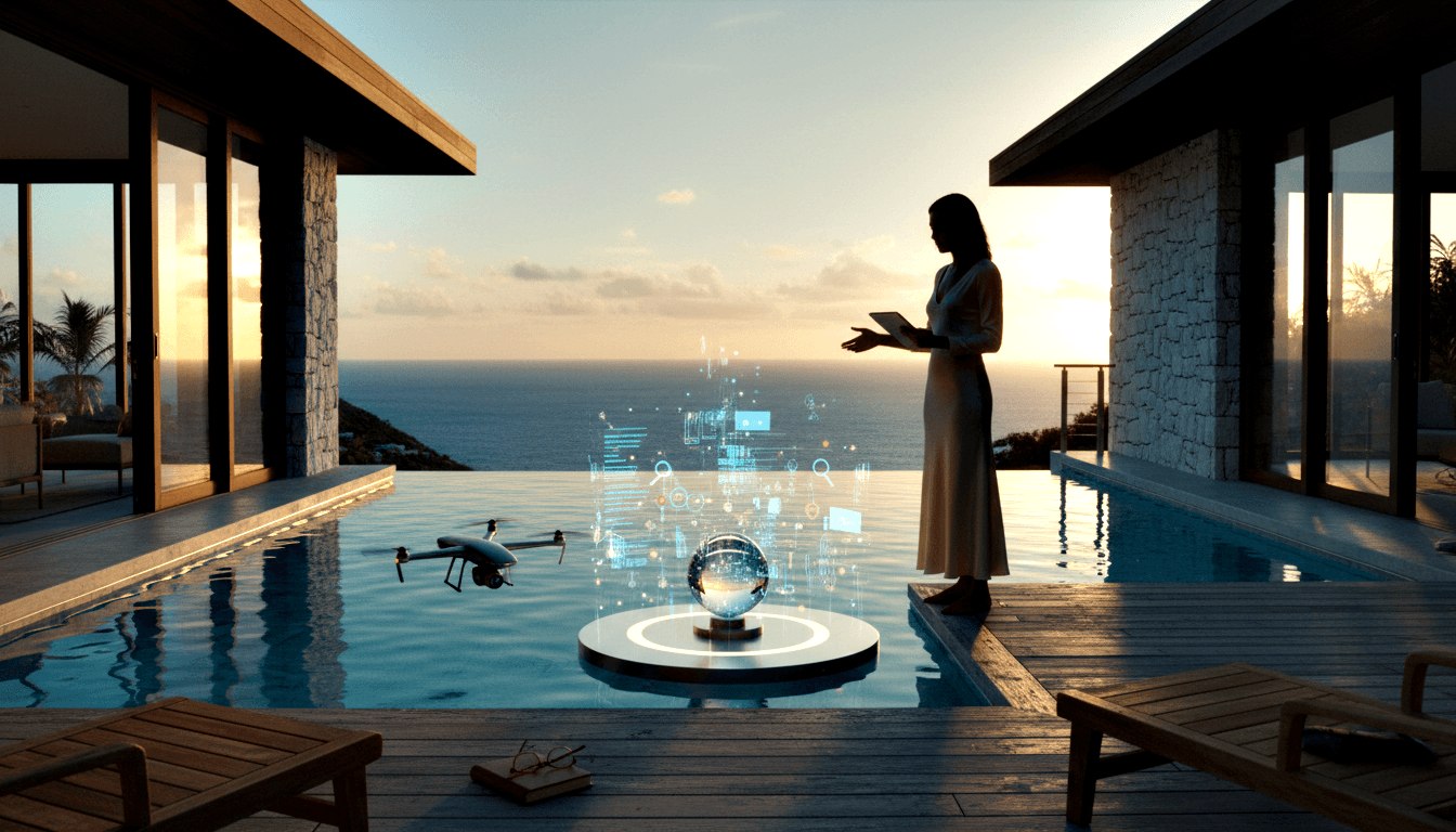 Woman in cream dress touches cyan holographic globe on villa terrace; drone hovers above infinity pool at golden sunset.