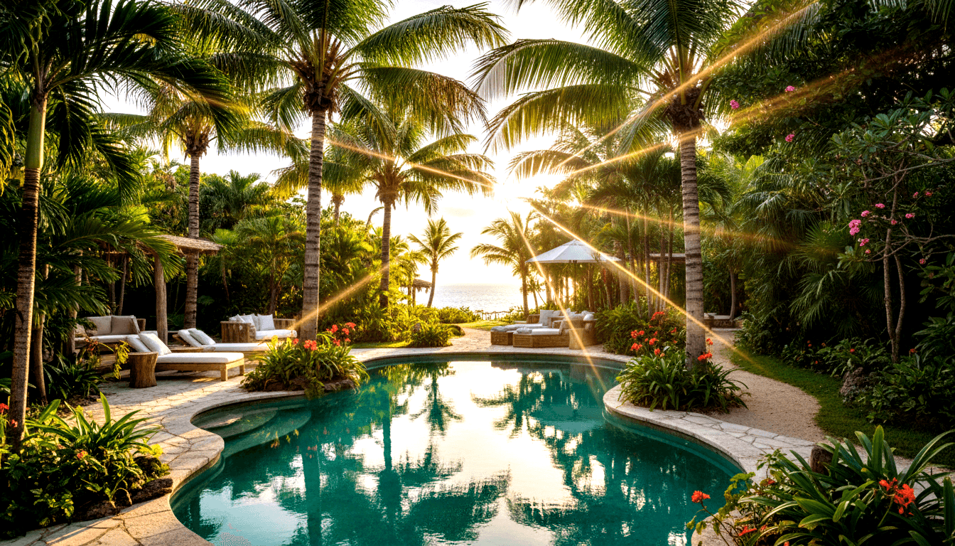 Turquoise pool flanked by palm trees and red and pink flowering plants, with lounge chairs and a thatched pavilion, backlit horizon over water.