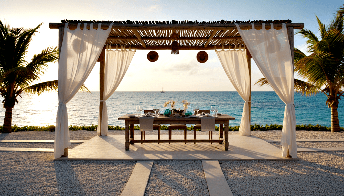 Wooden pergola, bamboo roof, sheer curtains, dining table with benches and wine glasses facing turquoise ocean with sailboat.
