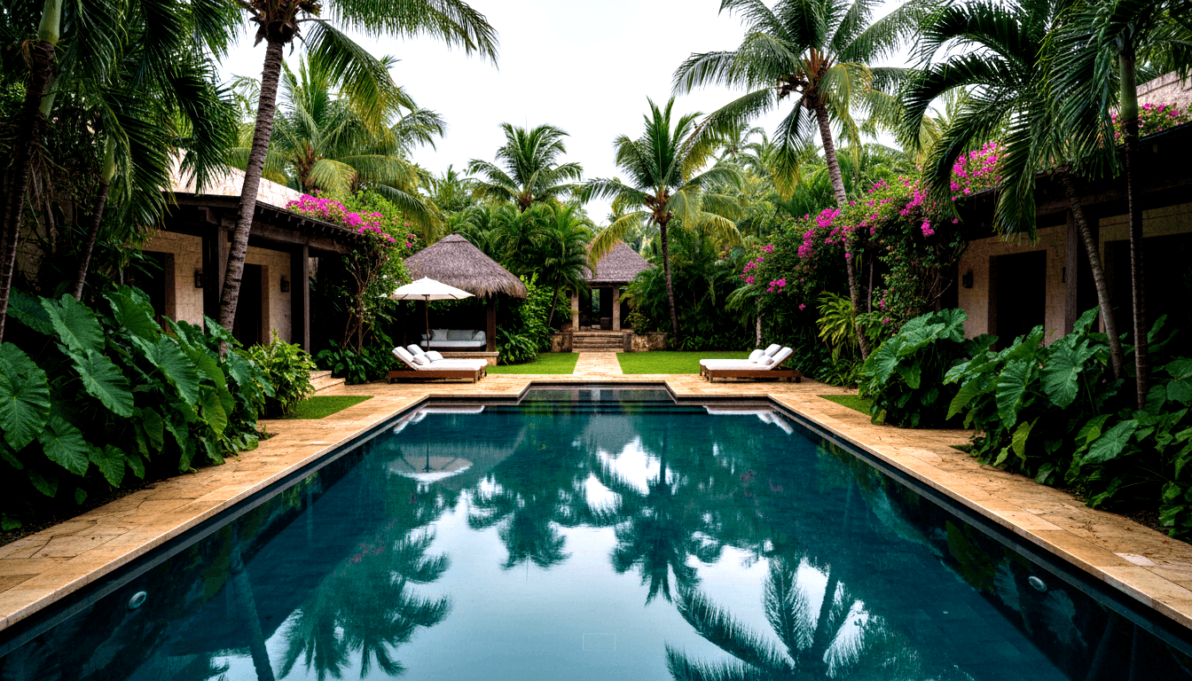 Symmetrical teal pool flanked by travertine decking, white sun loungers, stone bungalows, thatched gazebos, and tropical palms.