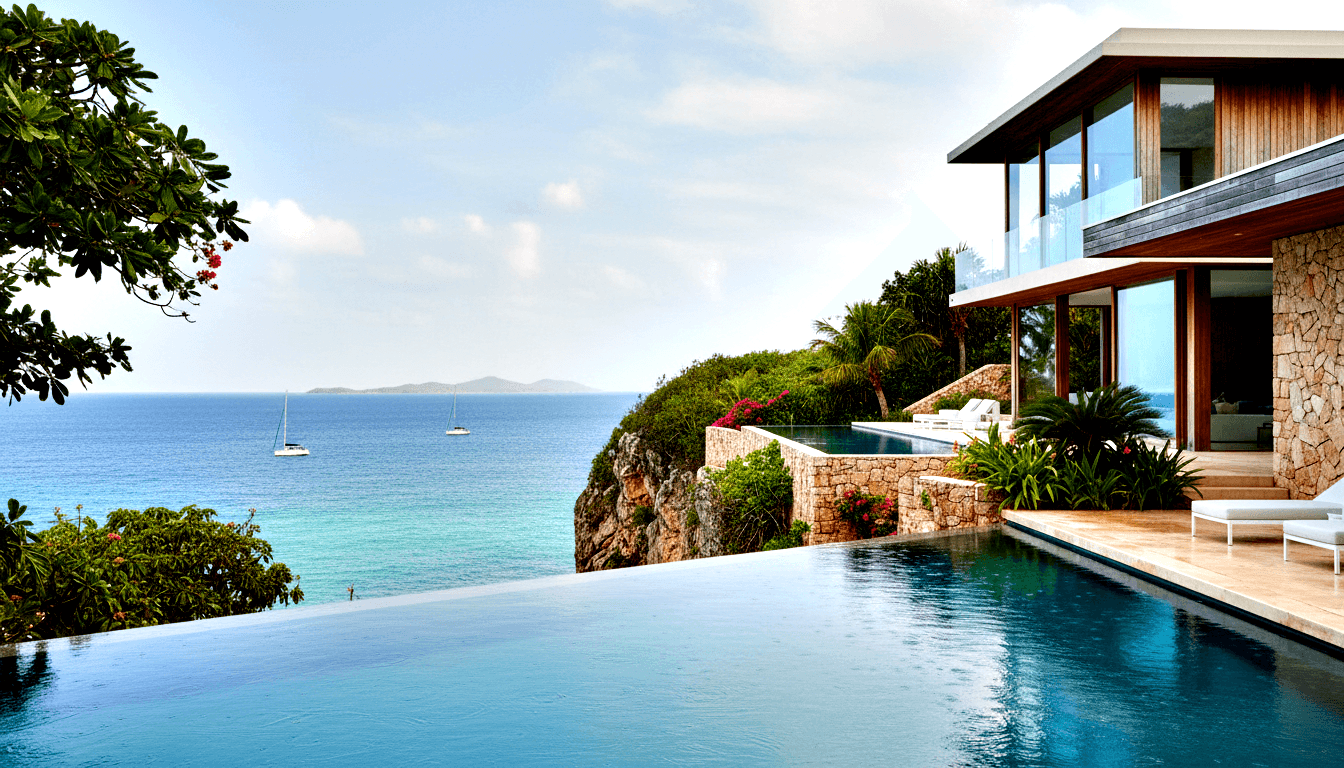 Two-story villa with glass, timber, and stone facade on a tropical clifftop, overlooking an infinity pool merging with a turquoise ocean bay.