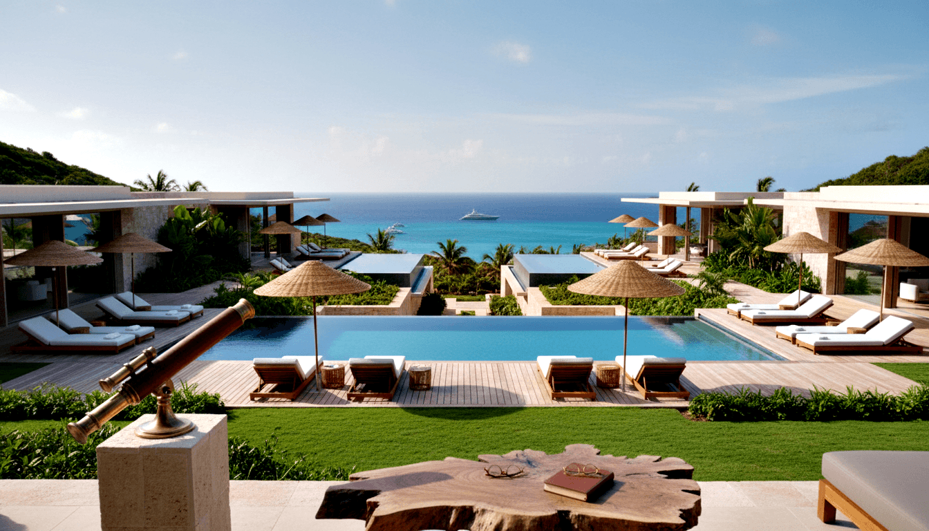 Infinity pool with turquoise water aligns with ocean where yacht floats; loungers, thatched parasols, foliage-draped stone buildings.