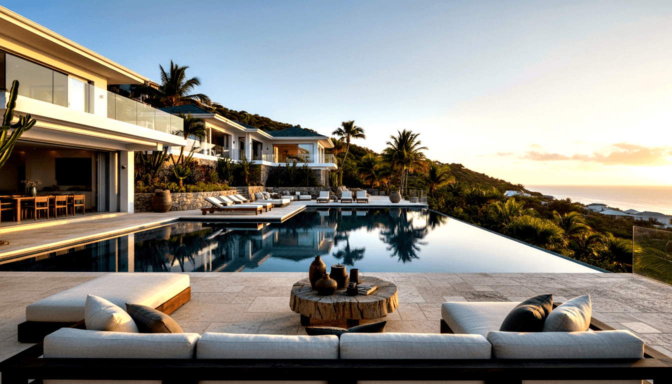 Multi-tiered villa with infinity pool, cream sectional sofa, and stone terrace overlooking an ocean hillside at golden hour.