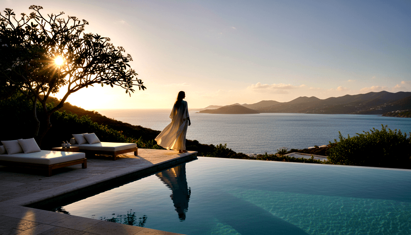 Woman in white kaftan stands at infinity pool edge, facing a calm bay and distant mountains at golden hour.