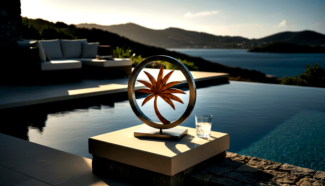 Bronze ring with wooden palm motif on stone pedestal, rocks glass beside infinity pool overlooking coastal bay at golden hour.