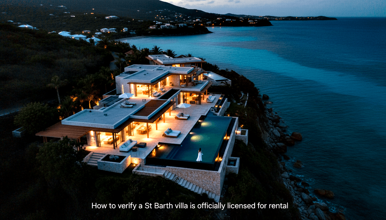 Aerial dusk view of grey-stone terraced coastal villa with turquoise infinity pool, lone figure in white dress at edge facing ocean.