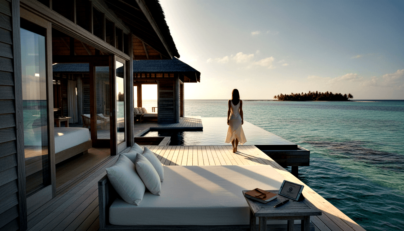 Overwater villa deck with dark wood, white daybed, plunge pool; woman in white dress at railing gazing at distant island.