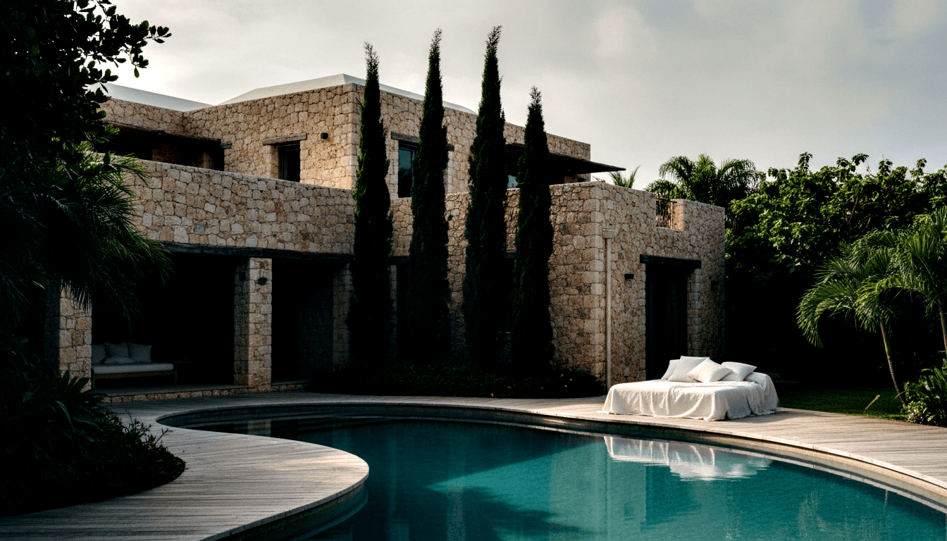 Stone villa fronted by a curved freeform pool with blue-green water and warm grey-brown wooden deck, framed by cypress trees and palms.