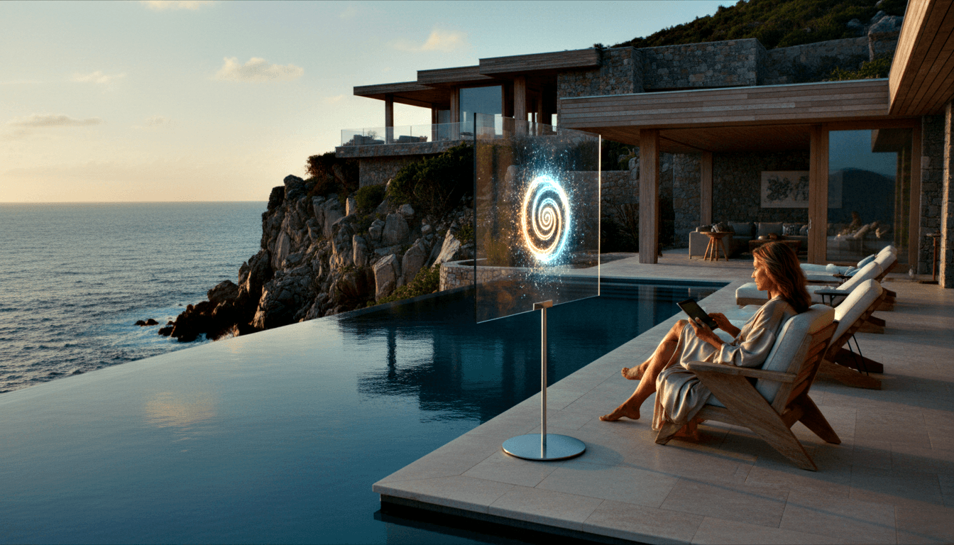Woman in satin robe reclines on clifftop terrace, holding tablet, viewing glowing cyan spiral on transparent panel beside infinity pool.