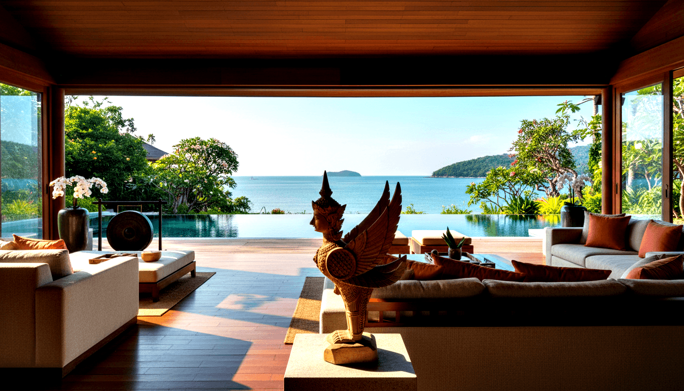 Open-plan living room with bronze winged statue, cream sofas, open glass panels, terrace infinity pool, and turquoise water beyond.