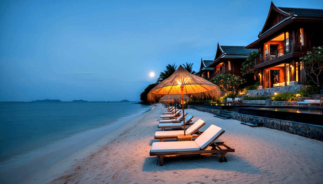 Beachfront resort at twilight: loungers under lit thatched umbrella, glassy water, full moon, villa with amber lighting.