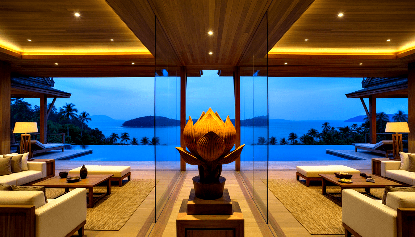 Carved wooden lotus sculpture on pedestal flanked by cream sofas, with glass panels revealing an infinity pool and twilight water beyond.