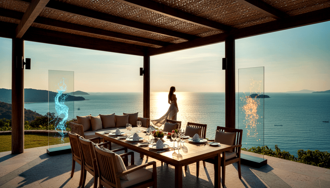 Pergola dining terrace, long table with wine glasses overlooks calm ocean at golden hour; female silhouette faces water.