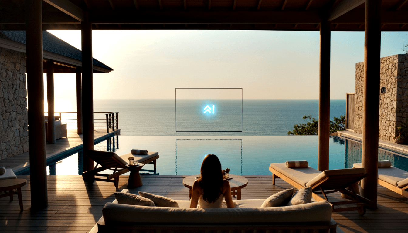 Woman seen from behind on cushioned sofa, wooden terrace, infinity pool merging with ocean at golden hour.