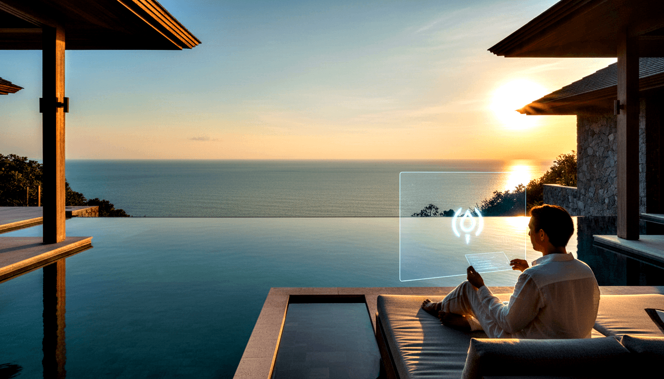 Man in white linen shirt reclines on chaise lounger beside infinity pool, viewing holographic display panel at golden-orange sunset.