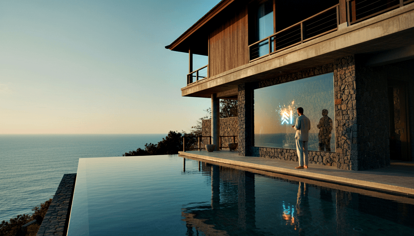 Adult faces glowing blue double-chevron on glass wall of cliffside villa with infinity pool at dusk.