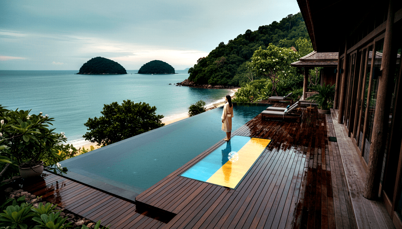 Woman in cream robe stands barefoot at infinity pool edge on hardwood deck overlooking calm turquoise bay with two small forested islands.