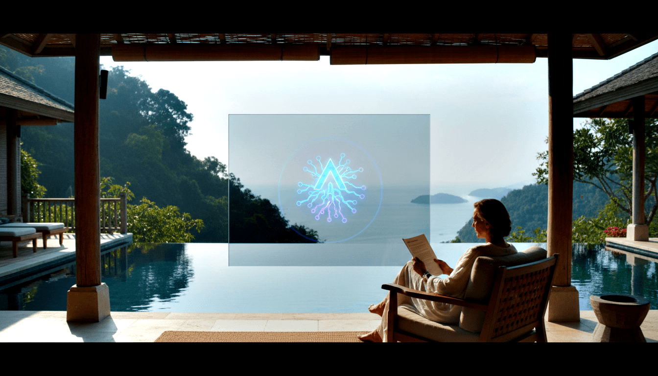 Woman in cream linen seated in rattan chair on thatched pavilion, holding document beside a holographic panel with glowing pyramid emblem.