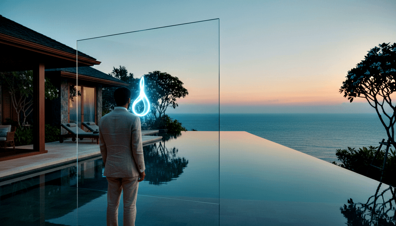 Man in beige suit faces glass panel with cyan-white neon flame at chest; infinity pool meets ocean under coral dusk sky.