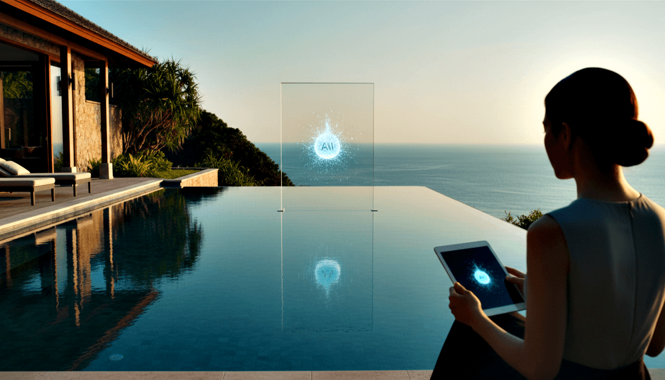 Woman from behind holding glowing blue tablet faces a cyan particle-burst orb above an infinity pool merging with ocean at dusk.