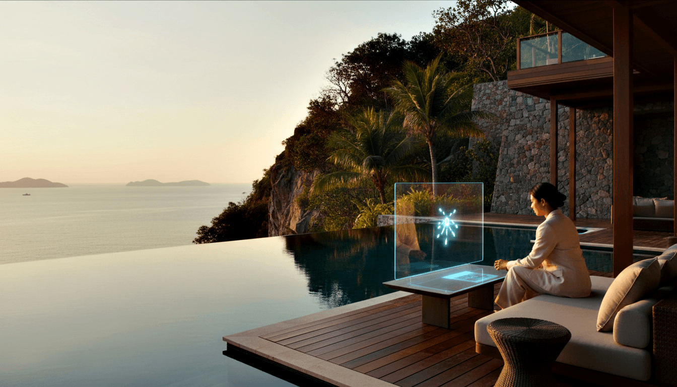 Dark-haired woman in cream linen on outdoor sofa interacting with cyan holographic display above table; infinity pool merges with ocean at dusk.