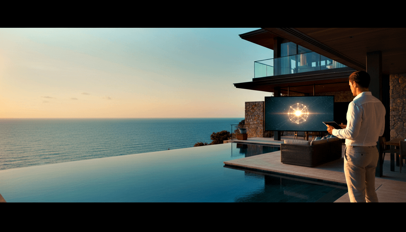 Man on luxury terrace with infinity pool holds tablet, faces wall screen showing blue-white network diagram at golden hour.