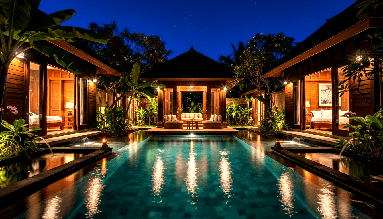 Turquoise-lit rectangular pool with water-jets flanked by two open wooden bedroom suites, raised deck with sofa, pagoda in background at night.