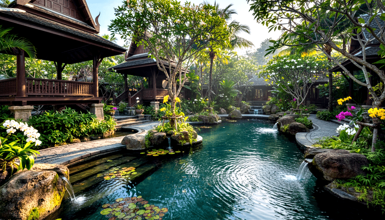 Tropical garden courtyard with teal pond, lily pads, stone waterfall boulders, dark hardwood pavilions, and dense orchid and palm vegetation.