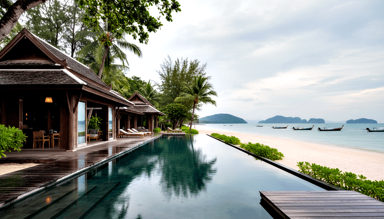 Dark-timber pavilion overlooks infinity pool toward white sand beach, longtail boats, and forested islands under overcast sky.