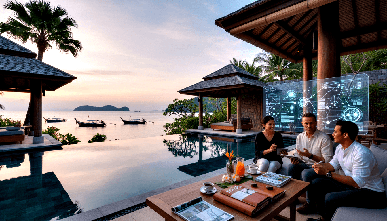 Three people sit at low wooden table with coffee and plumeria flowers, holographic network diagram overlaid on beachfront sunset scene.