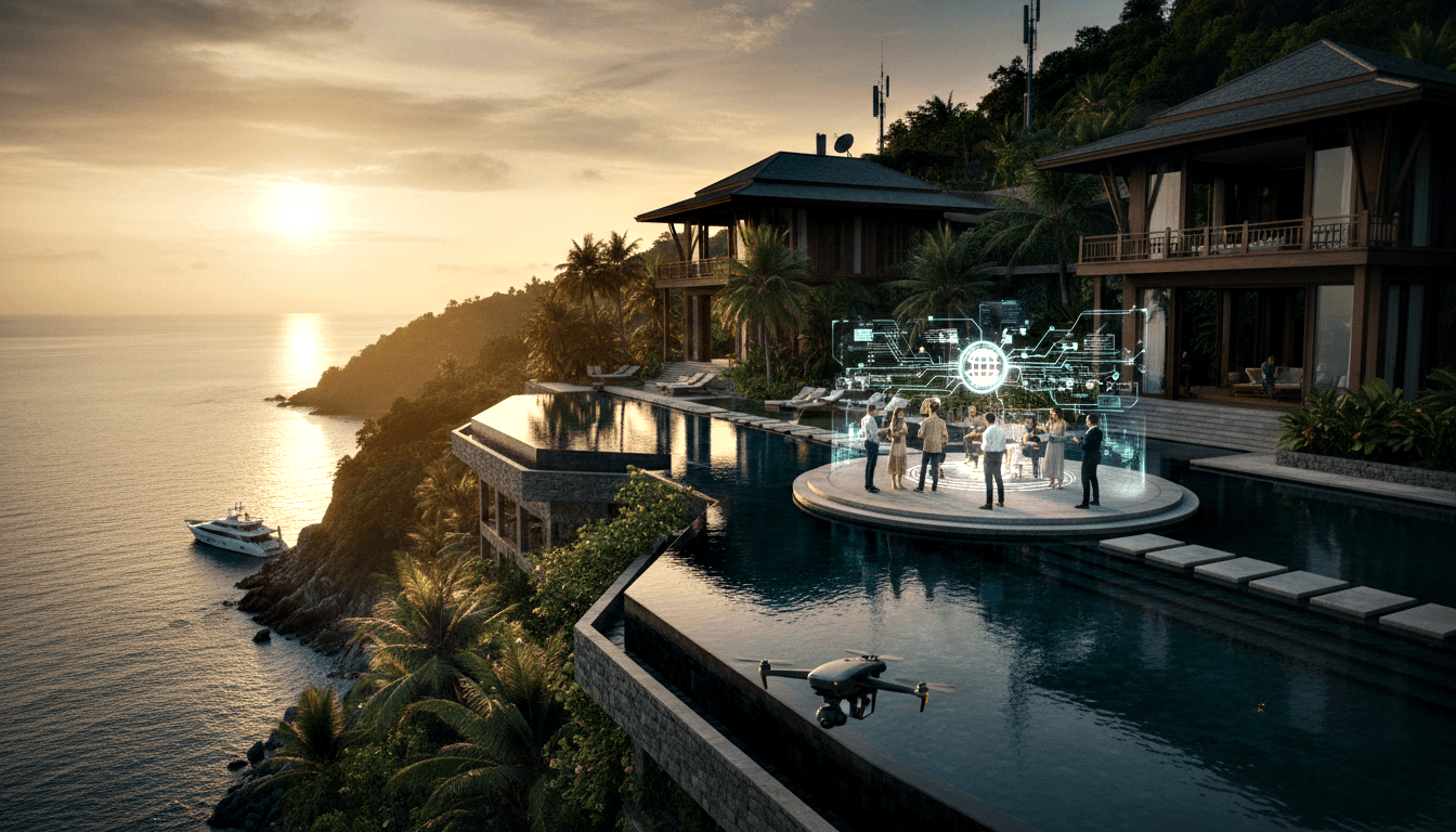 Adults around cyan holographic globe on infinity pool platform at clifftop villa overlooking ocean at sunset.