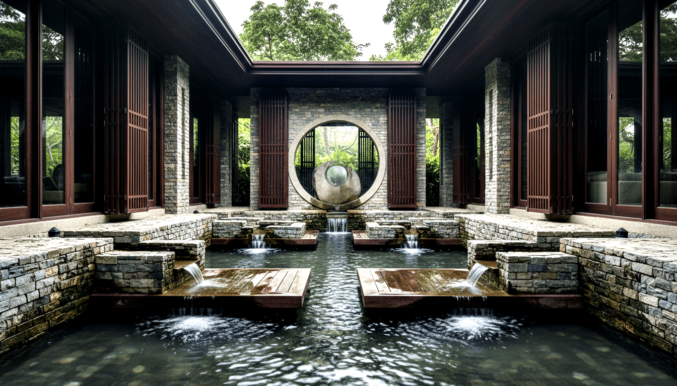 Symmetrical courtyard with mahogany lattice screens, stone columns, moon gate with jade orb, cascading waterfalls, amber stepping platforms.