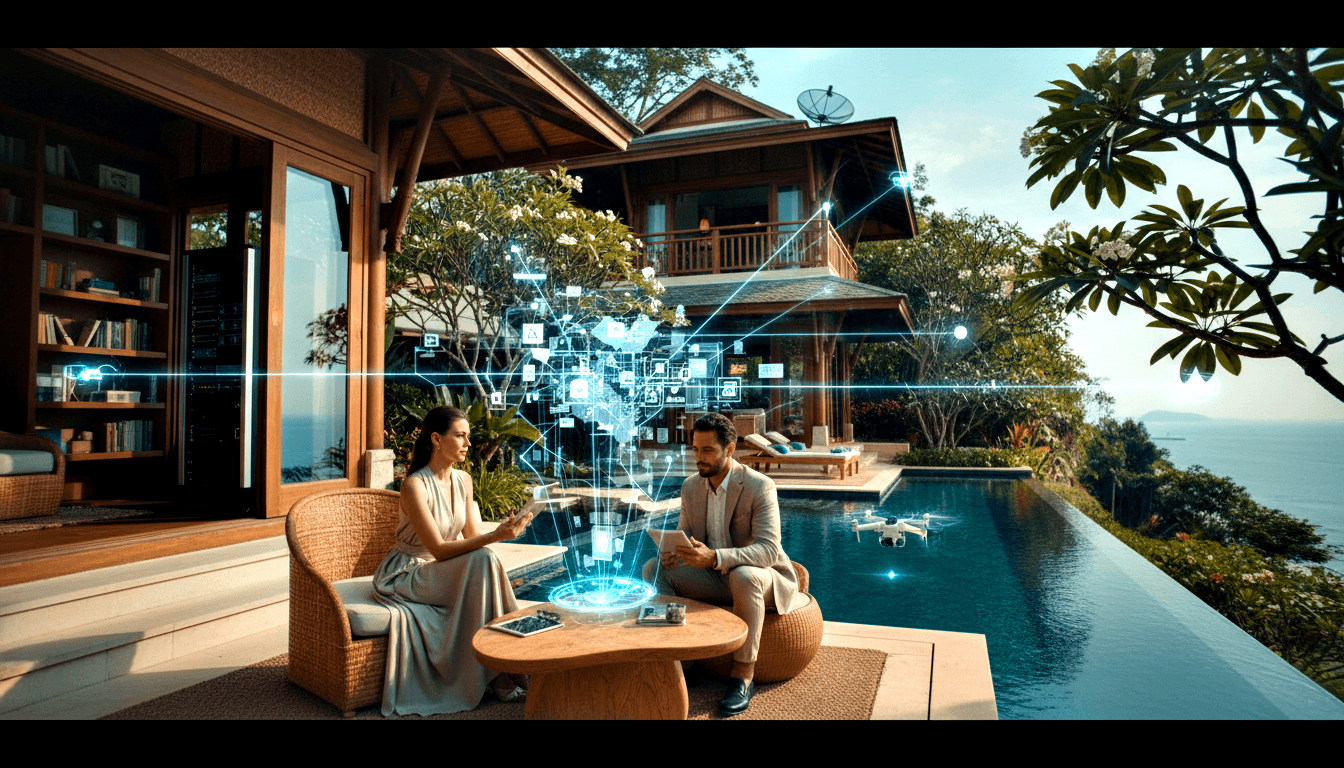 Woman in gray dress and man in beige suit at wooden table on villa terrace, gesturing at blue holographic display of digital icons.