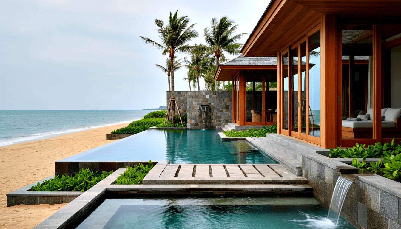 Multi-tiered infinity pool with waterfalls, wooden bridge, charcoal stone, teal water, sandy beach, and turquoise ocean beyond.