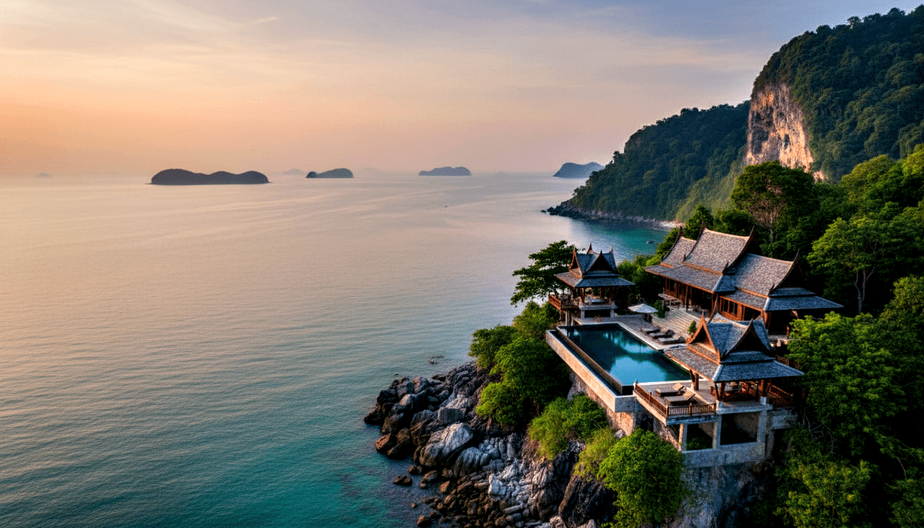 Clifftop resort pavilions with dark tiered roofs, infinity pool and loungers overlooking teal ocean with forested islands at golden hour.