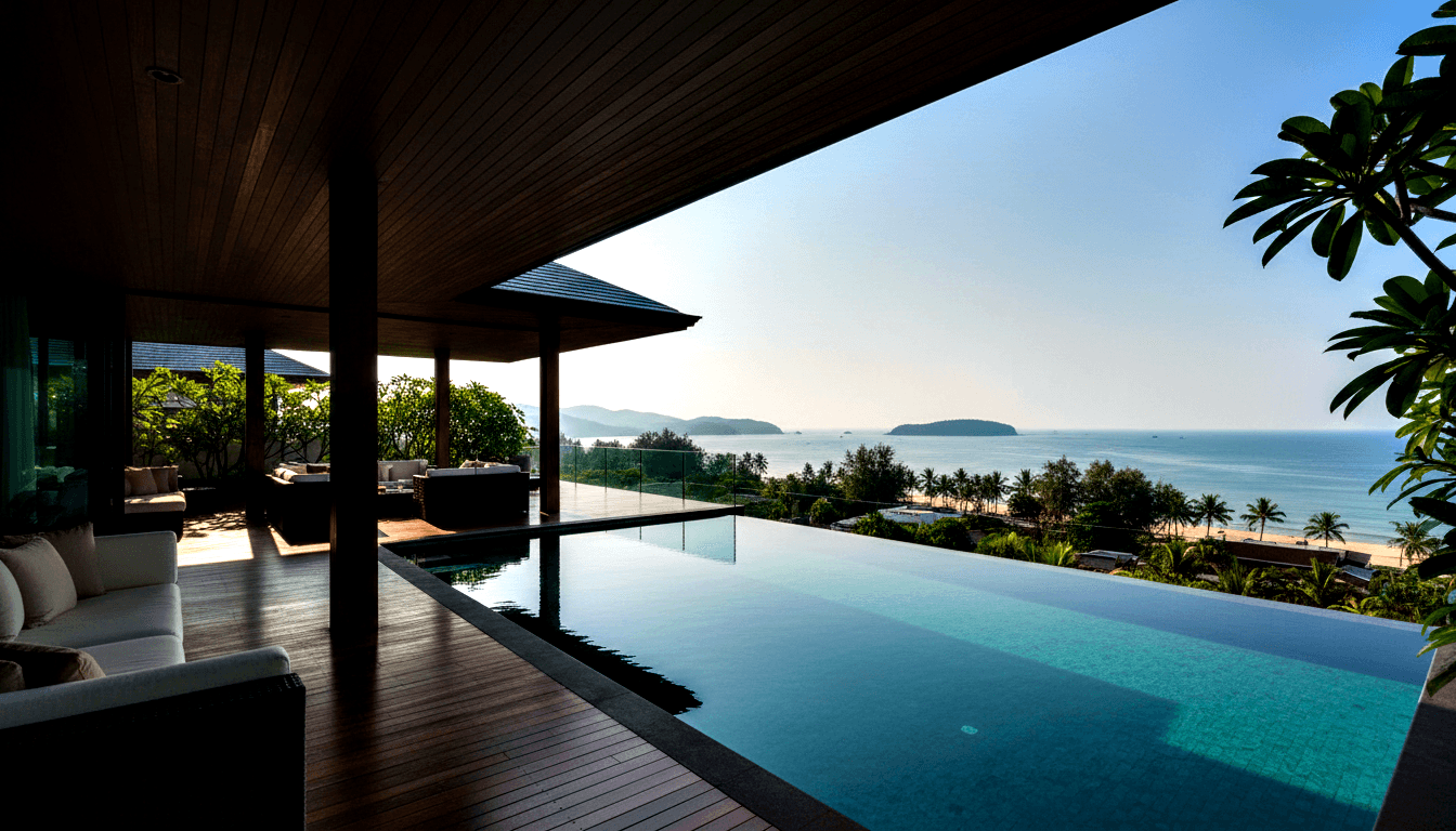Covered terrace with dark timber columns frames infinity pool; turquoise water meets calm sea and distant mountainous islands.