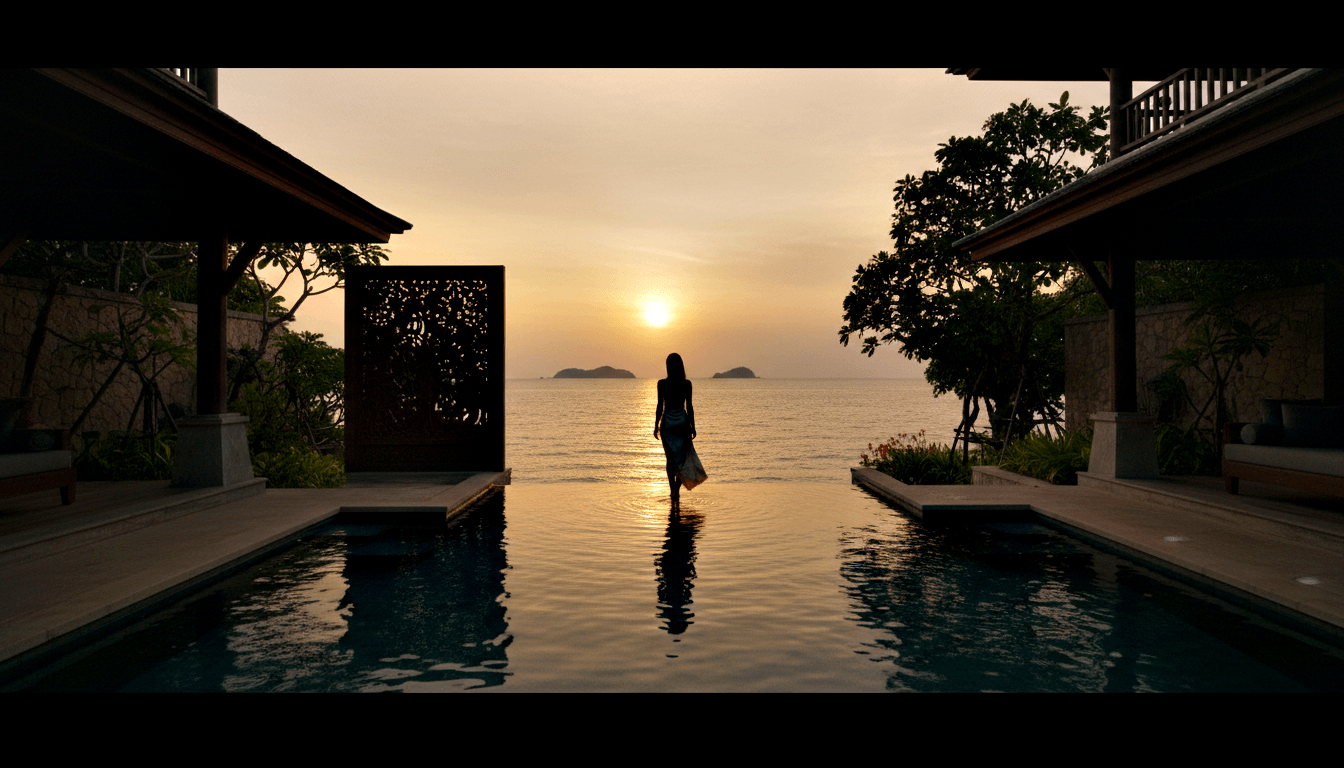 Silhouetted woman stands at edge of infinity pool facing sunset ocean with islands on horizon, flanked by tropical villa structures.