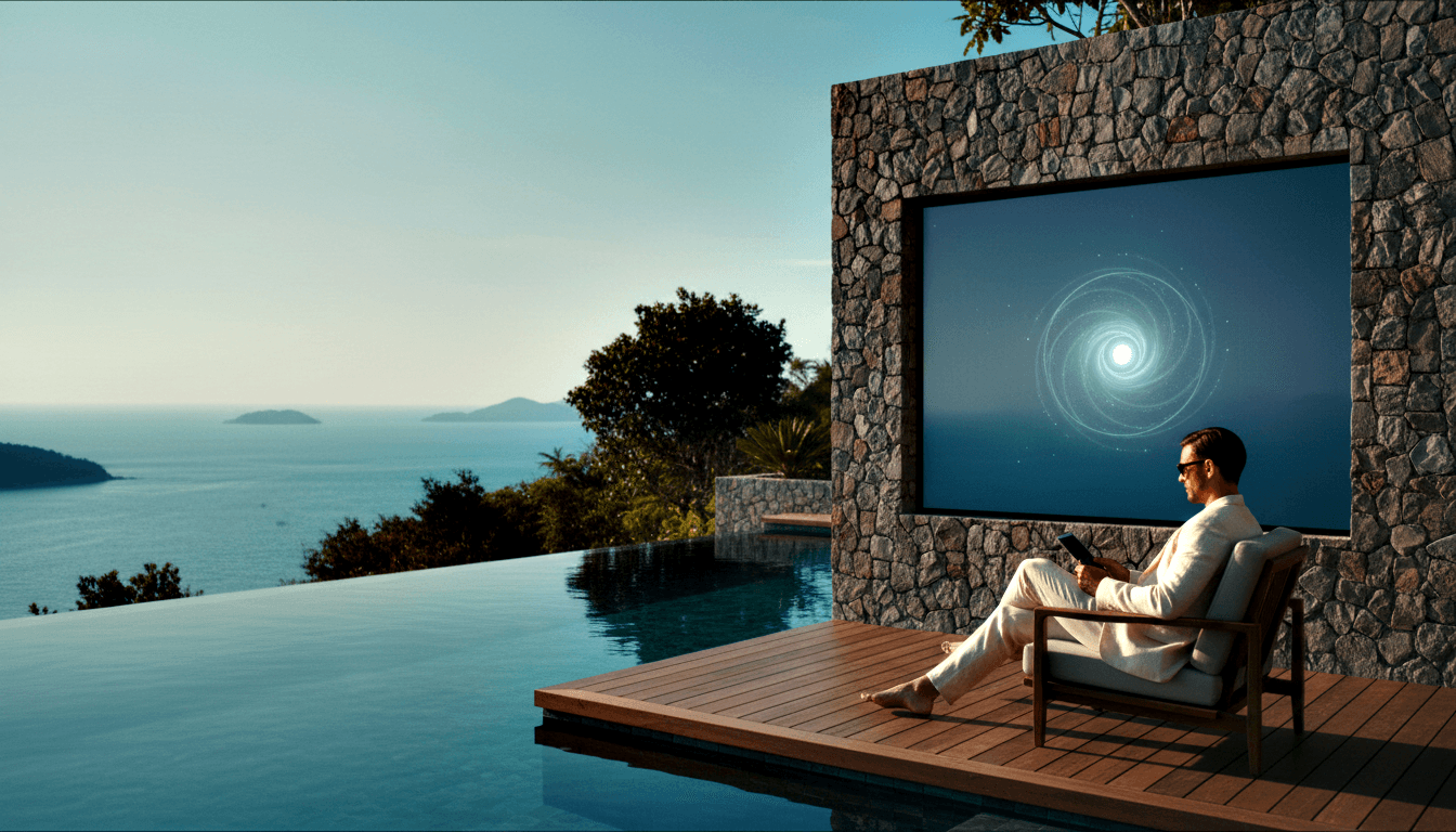 Man in white suit reclines barefoot on deck by infinity pool, holding tablet; glowing spiral vortex on wall screen behind him.