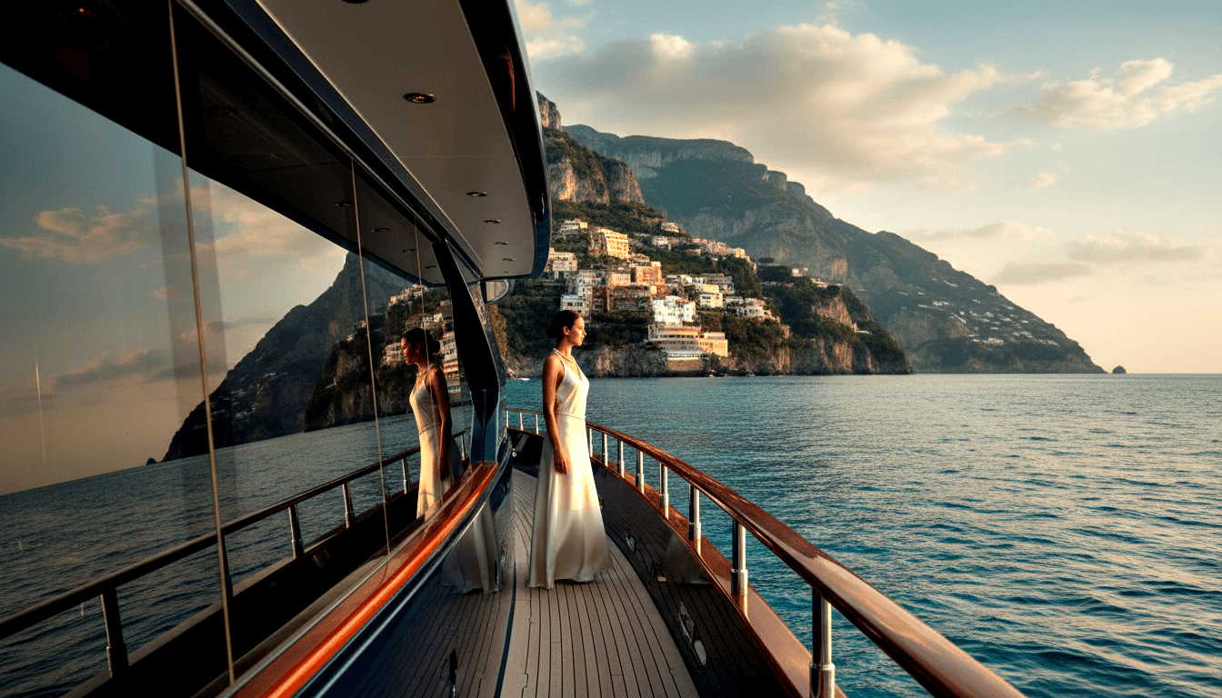 Woman in white gown on yacht deck faces colorful buildings cascading down steep coastal cliff across calm blue-teal water.