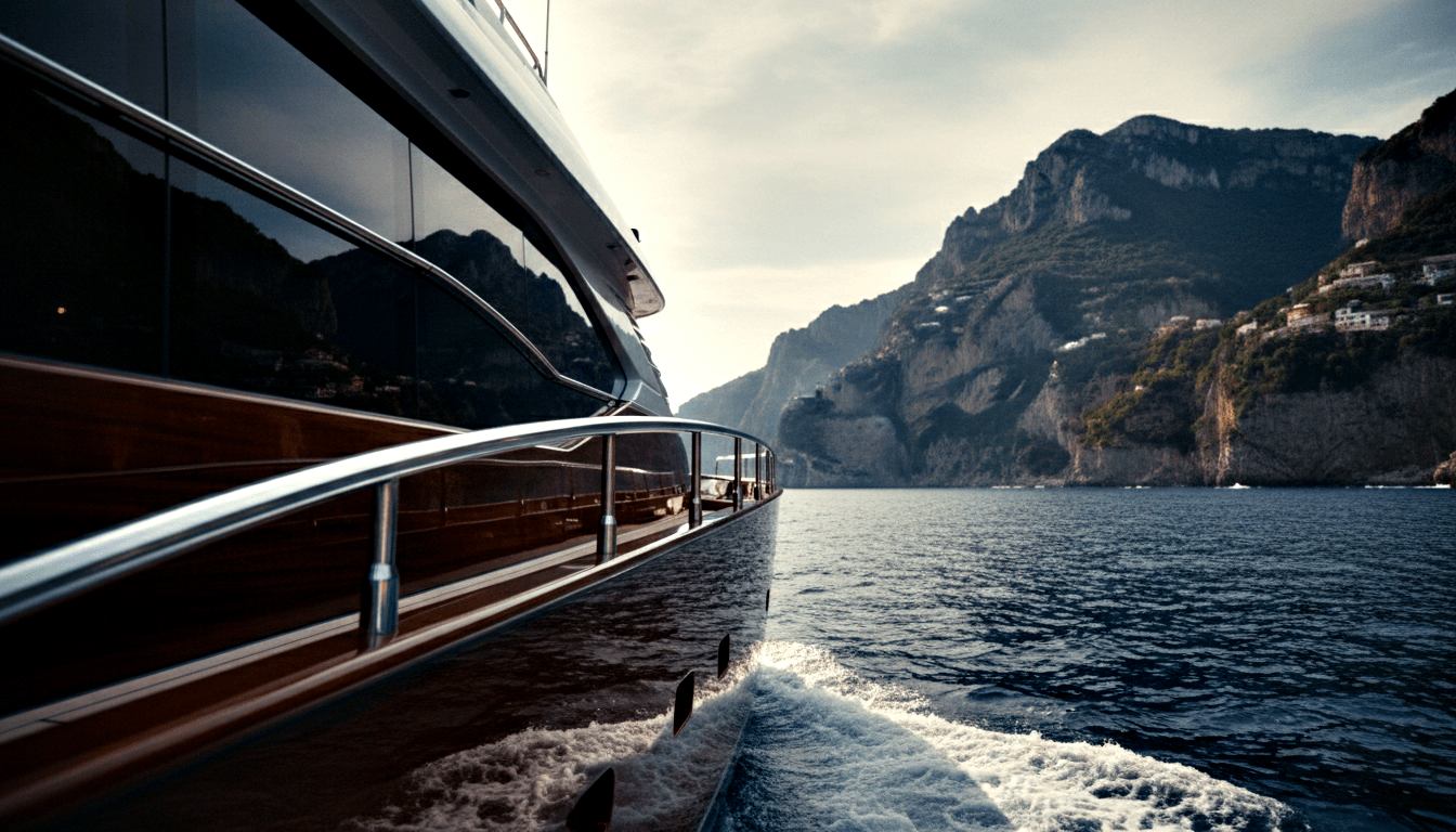 Dark navy motor yacht underway, viewed from its teak deck with chrome railings; steep coastal cliffs with white buildings rise behind.