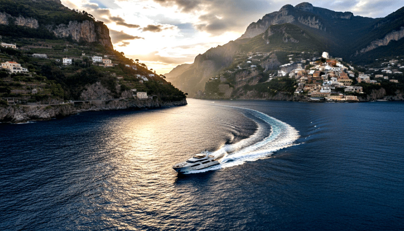 Aerial view of white superyacht speeding across cobalt-blue water, curved foam wake, rocky cliffs and terraced coastal village nearby.