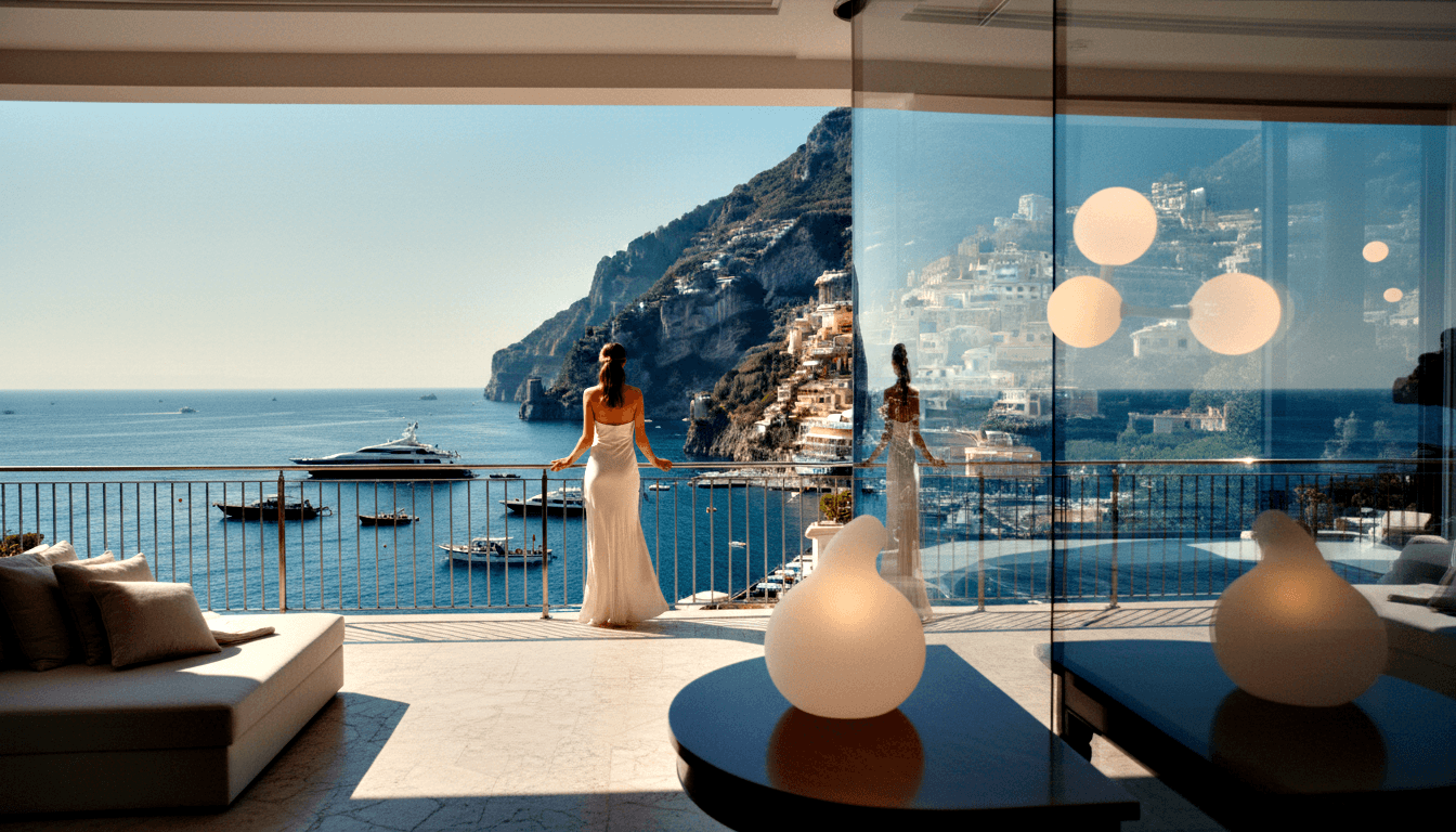 Woman in white strapless gown stands at glass-railed balcony overlooking colorful coastal town on rocky cliffs above deep blue sea with yachts.