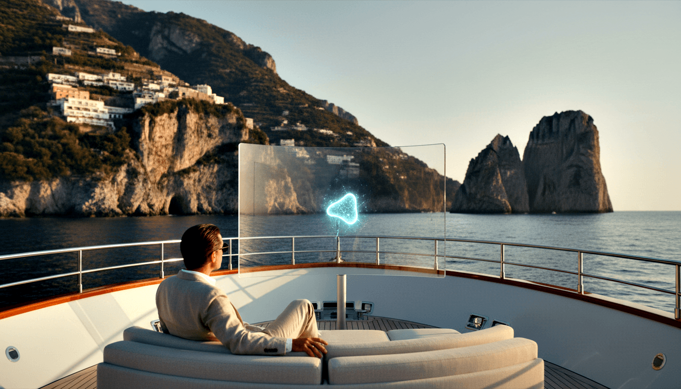 Man in beige suit reclined on yacht's curved white sofa, facing glowing cyan panel, ocean and coastal cliffs ahead.